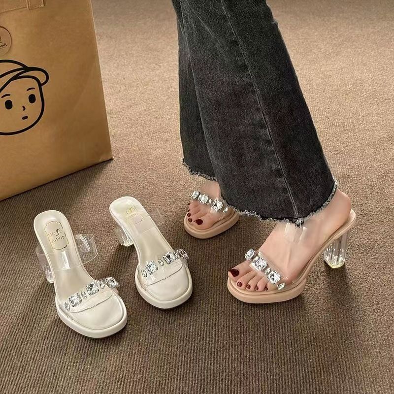 水晶拖鞋女夏外穿時尚仙女法式透明高跟鞋粗跟涼鞋小眾高級感涼拖