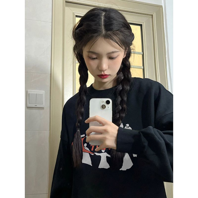 100%重磅純棉美式高街印花衛衣女2023春秋薄款oversize圓領上衣潮