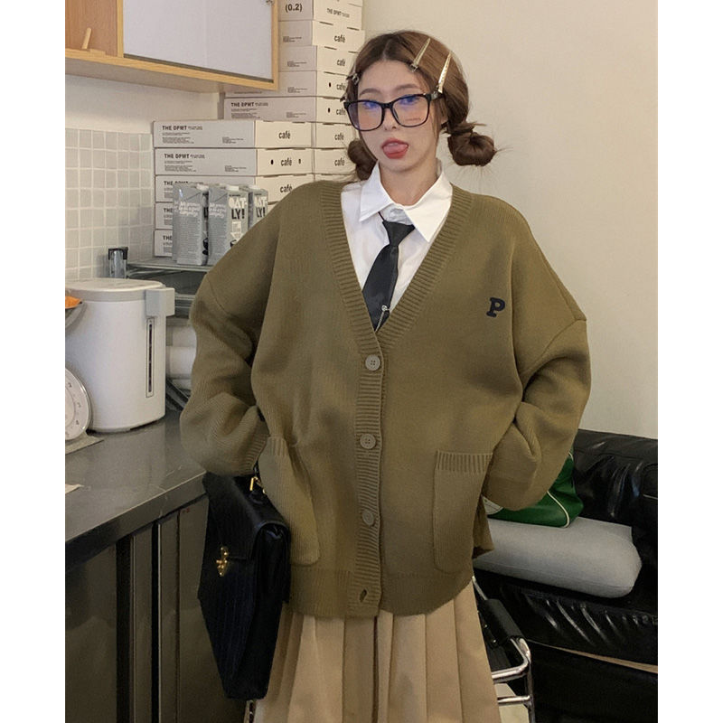 學院風oversize毛衣外套女春秋季寬鬆慵懶風休閒v領針織開衫上衣