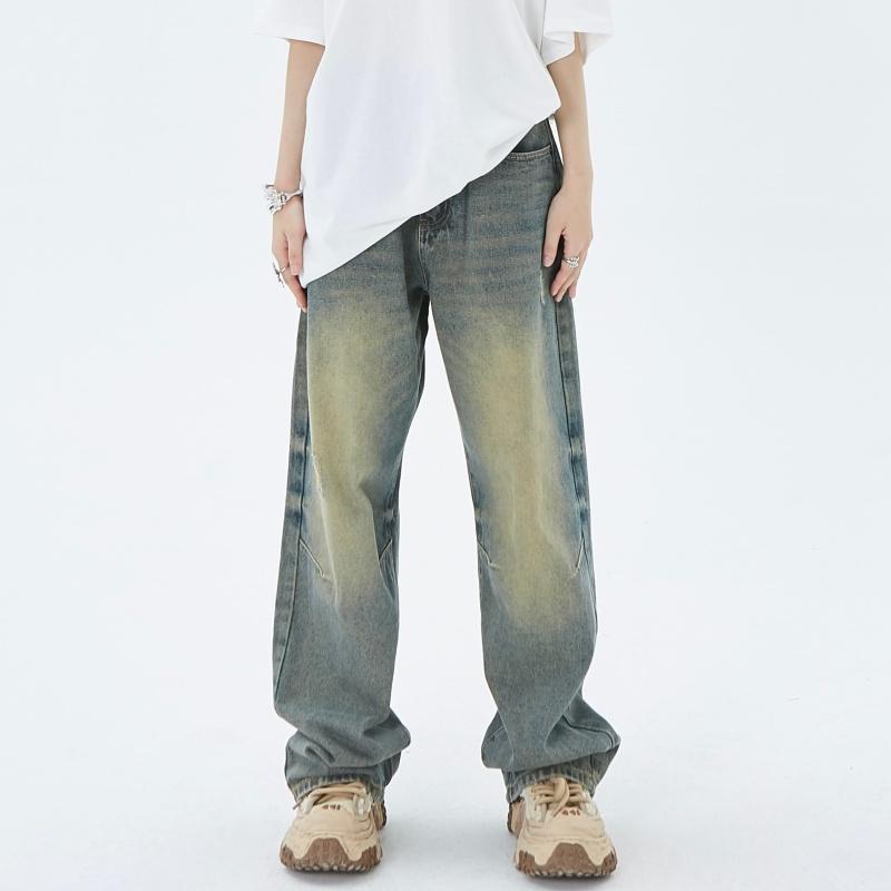 Retro washed yellow mud dyed jeans American high street vibe distressed hip hop straight pants for men and women