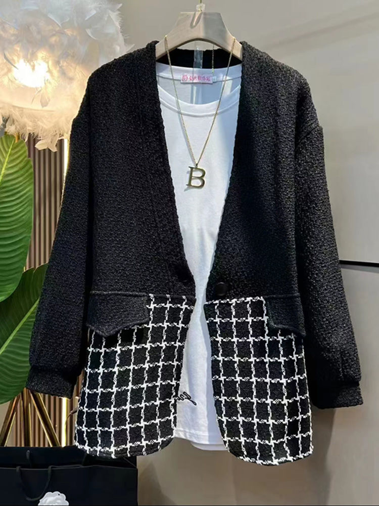 Fat sister 2023 autumn and winter new large size women's clothing small fragrance temperament suit jacket letter embroidery bottoming suit