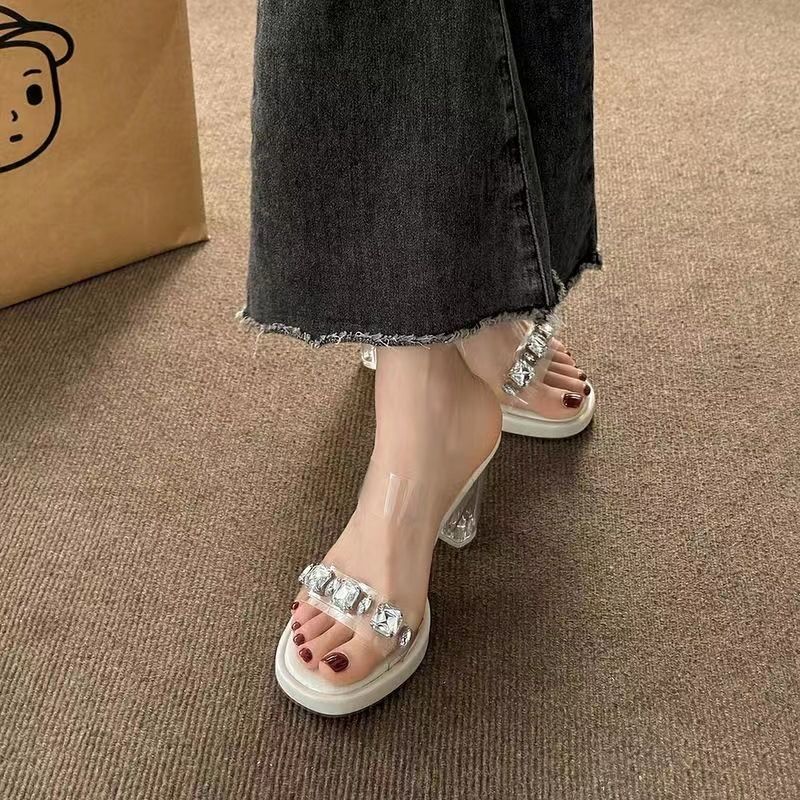 外穿拖鞋女2023年夏季新款時尚百搭洋氣水鑽一字高跟仙女風涼拖鞋