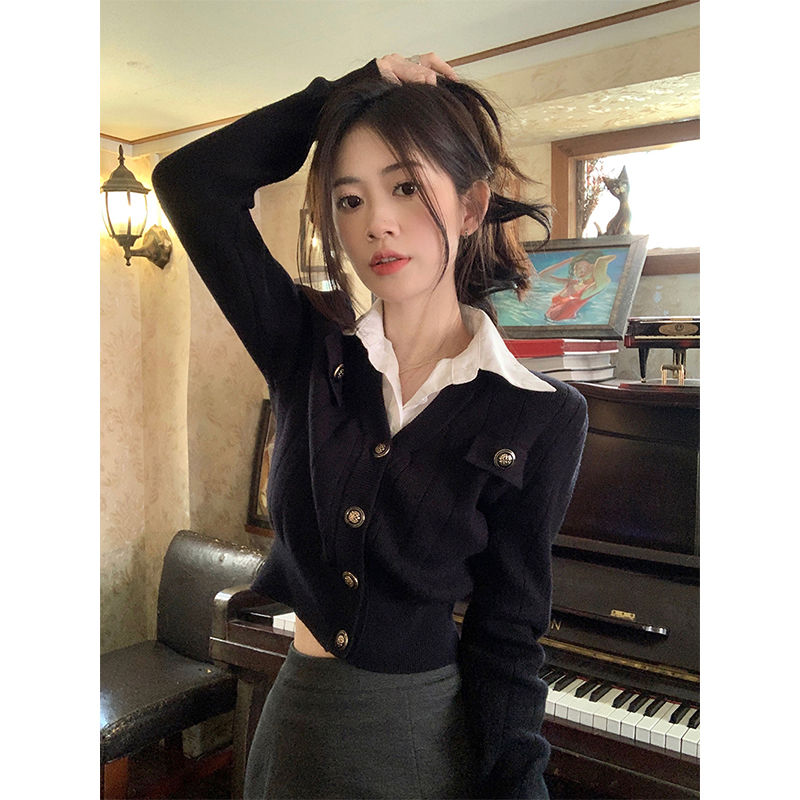 假兩件短款針織衫女裝秋季新款polo領修身設計感小眾開衫上衣