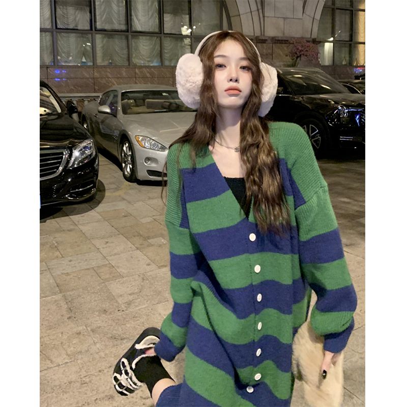 設計感條紋復古長款大毛衣女秋冬新款寬鬆韓版慵懶風百搭開衫外套