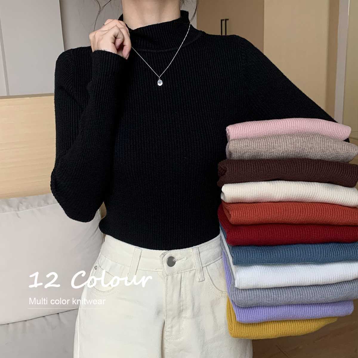 Spring, Autumn and Winter 2023 New Half-Turtle Collar Slim Fit Long-Sleeved Bottoming Sweater Top Western Style Inner Sweater for Women