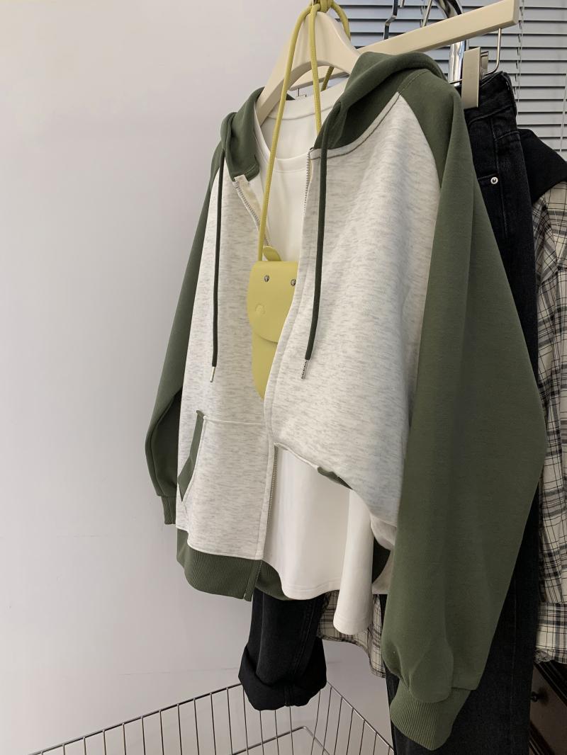 Large size 2-300 pounds raglan zipper hooded cardigan coat for women in spring and autumn loose and versatile lazy style contrasting color sweatshirt