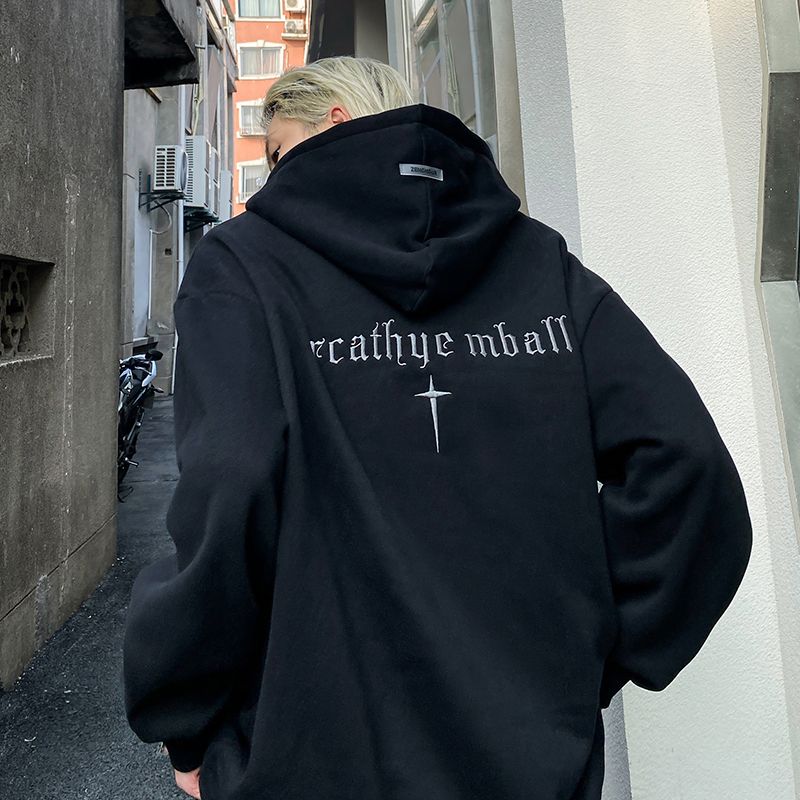 Autumn Hong Kong style hooded pullover top, simple letter embroidery, versatile sweatshirt for men, trendy Japanese loose jacket