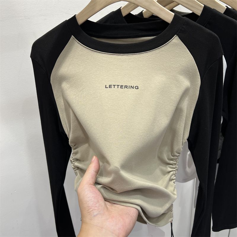 Designed color-blocked small letters drawstring long-sleeved T-shirt for women 2023 early autumn new trendy style bottoming shirt tops