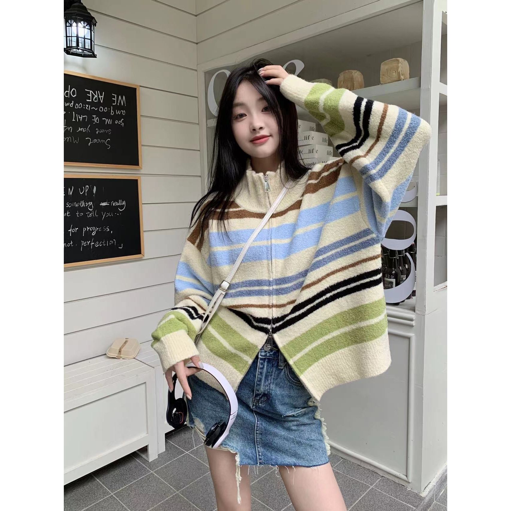 新款彩虹條紋復古雙開拉鏈毛衣開衫國潮翻領針織女加厚外套上衣