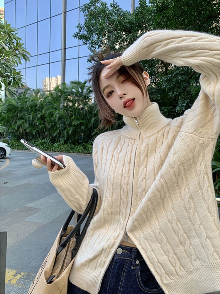 高領麻花拉鏈毛衣外套女秋冬冬季加厚外穿立領針織開衫寬鬆慵懶風