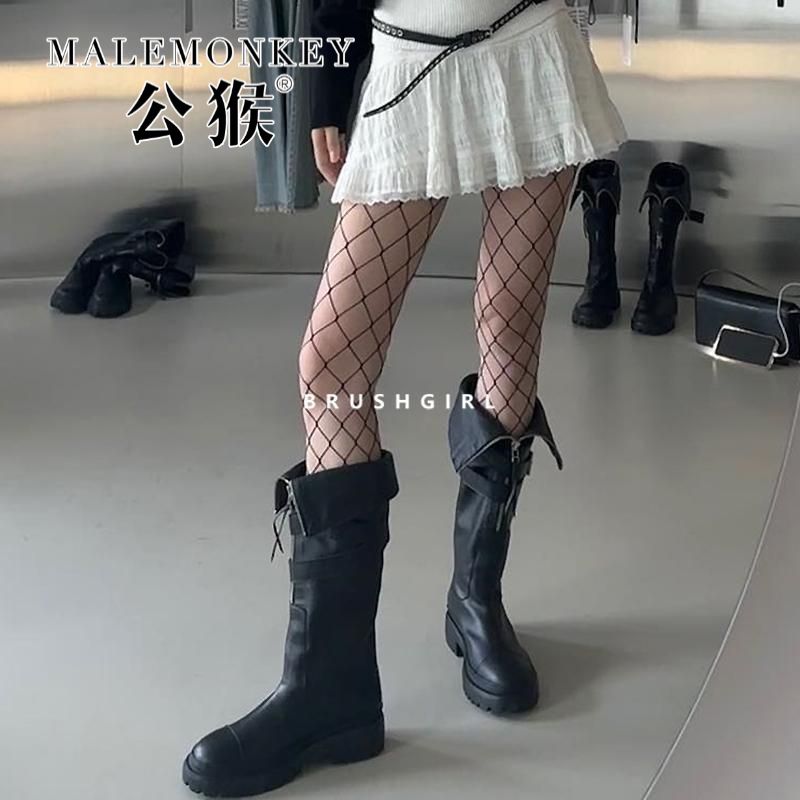Male Monkey Boots Women's Long Boots 2023 Autumn and Winter South Korea Dongdaemun Front Zipper Reversible Cuffed Motorcycle Boots