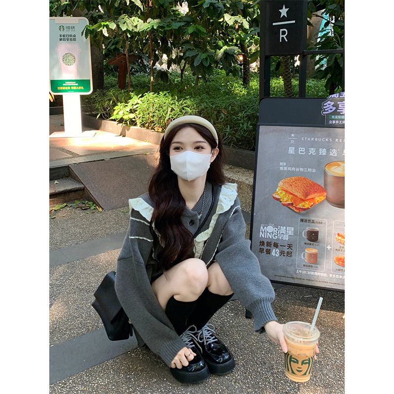 nls甜美風拼色荷葉邊毛衣外套灰色冬季厚實寬鬆氛圍感氣質開衫女