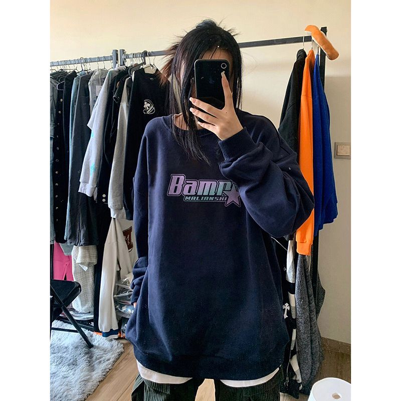 100%重磅純棉印花衛衣女2023春秋薄款寬鬆慵懶風oversize圓領上衣