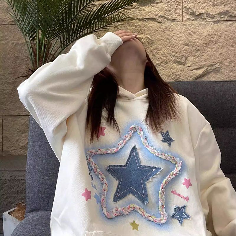 100%重磅純棉設計感復古牛仔貼布星星刺繡連帽衛衣女2023春秋薄款