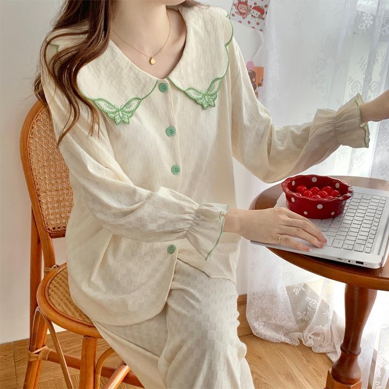 奶系娃娃領拼色睡衣女春秋季新款甜美公主風帶胸墊長袖套裝家居服