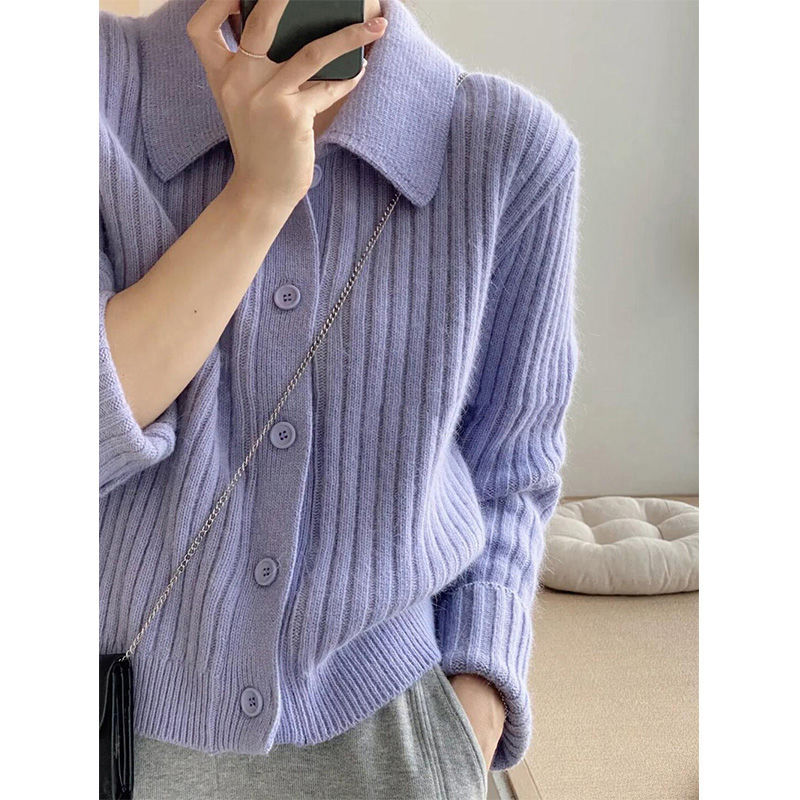 軟糯polo領針織開衫女秋冬外穿法式小眾薄款上衣慵懶短款毛衣外套