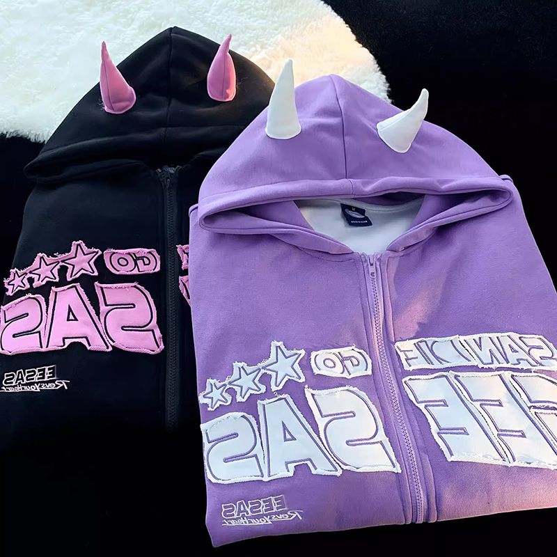 100%重磅純棉hiphop惡魔角貼布開衫衛衣男女2023春秋薄款連帽外套