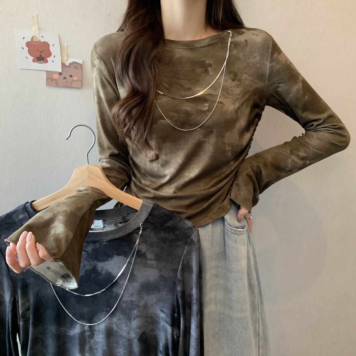 Tie-dye long-sleeved bottoming shirt autumn 2023 new women's drawstring t-shirt fashionable fashionable autumn tops for women