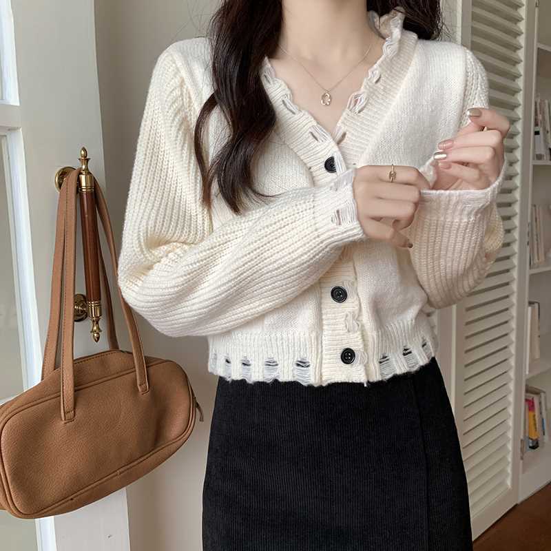 復古V領灰色針織衫毛衣女秋冬設計感破洞小個子寬鬆短款開衫上衣