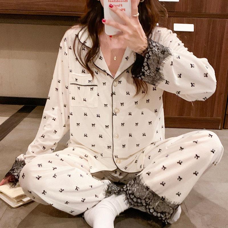 金絲絨睡衣女長袖春秋款2023新款可外穿花邊開衫蝴蝶結家居服套裝