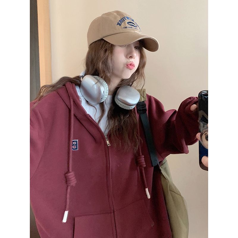 100% heavyweight pure cotton trendy brand letter cardigan jacket women's hooded sweatshirt loose lazy style 2023 spring and autumn thin section