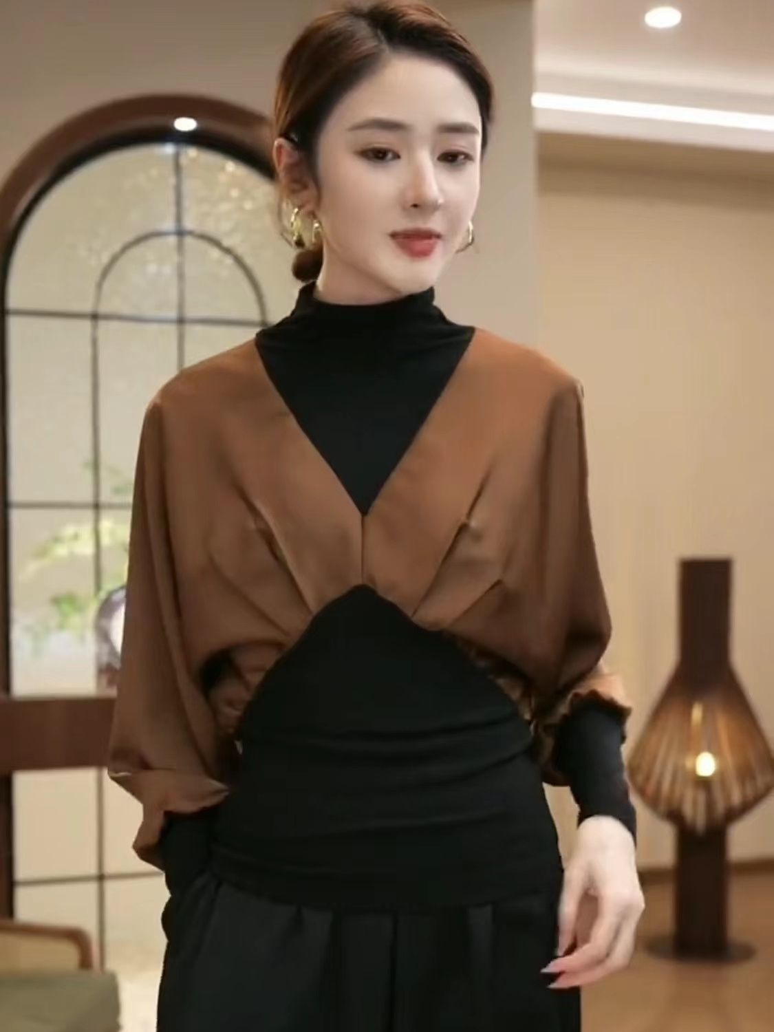 氣質輕奢拼接咖色顯瘦襯衫2023早秋新款設計感上衣女