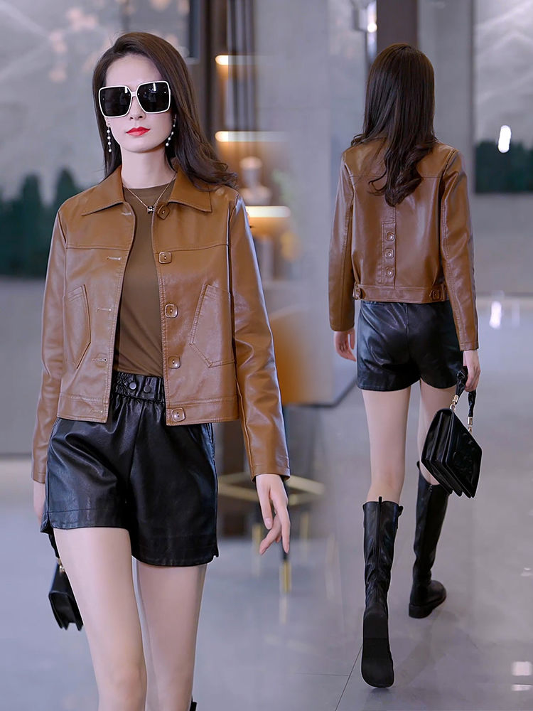 Leather jacket women's short spring and autumn slim black pu leather jacket  new fashion high-end women's top