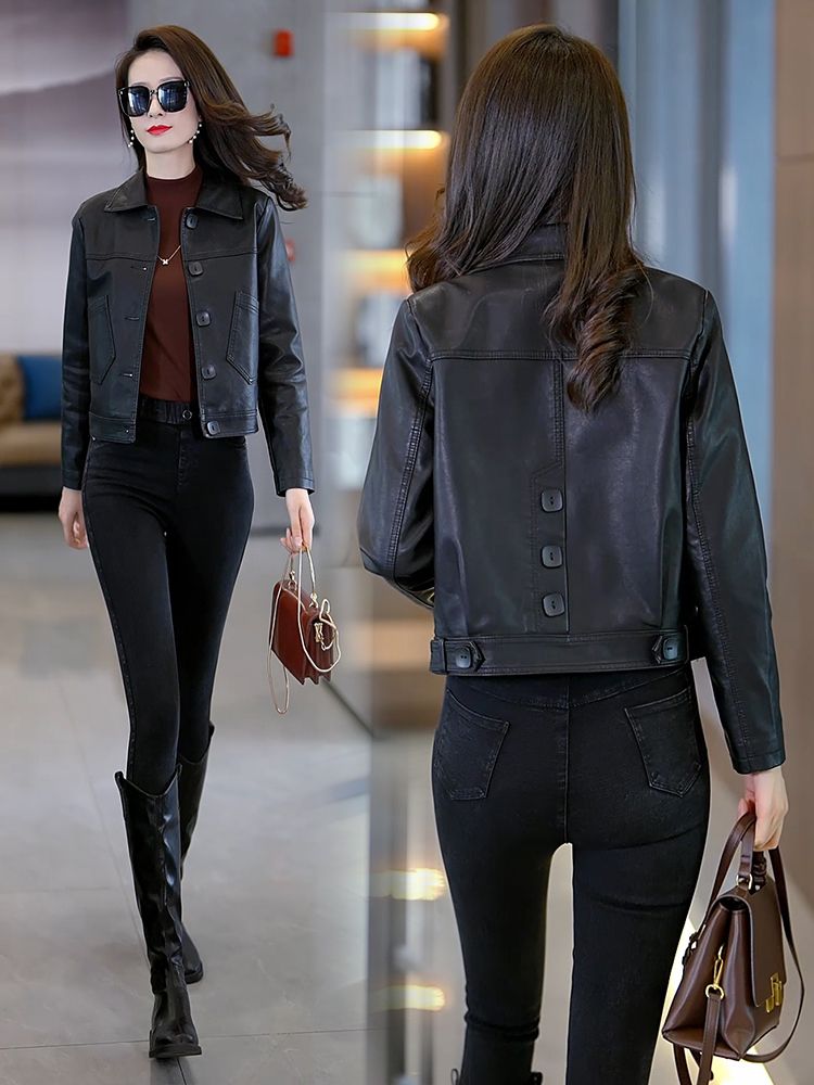 Leather jacket women's short spring and autumn slim black pu leather jacket  new fashion high-end women's top