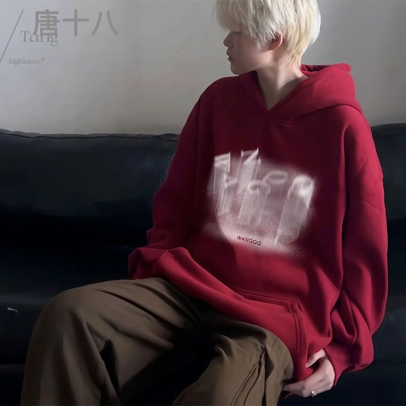 酒紅色美式復古衛衣男秋季潮牌高級感痞帥連帽衫oversize情侶外套