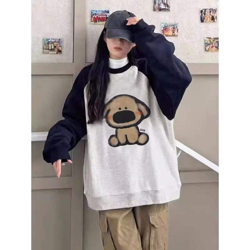 100%重磅純棉圓領衛衣女2023春秋薄款百搭設計感美式復古寬鬆上衣