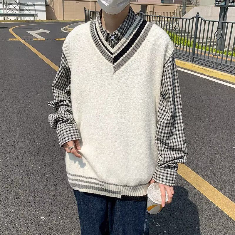 Japanese versatile youth trend vest ins anti-static non-velvet solid color lazy temperament new suede men's V-neck