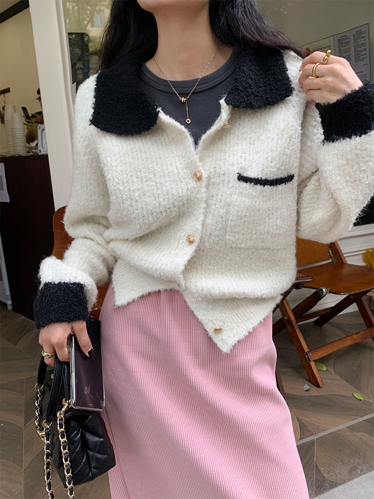 新款春秋冬加厚polo領針織開衫女短款撞色寬鬆慵懶軟糯毛衣外套