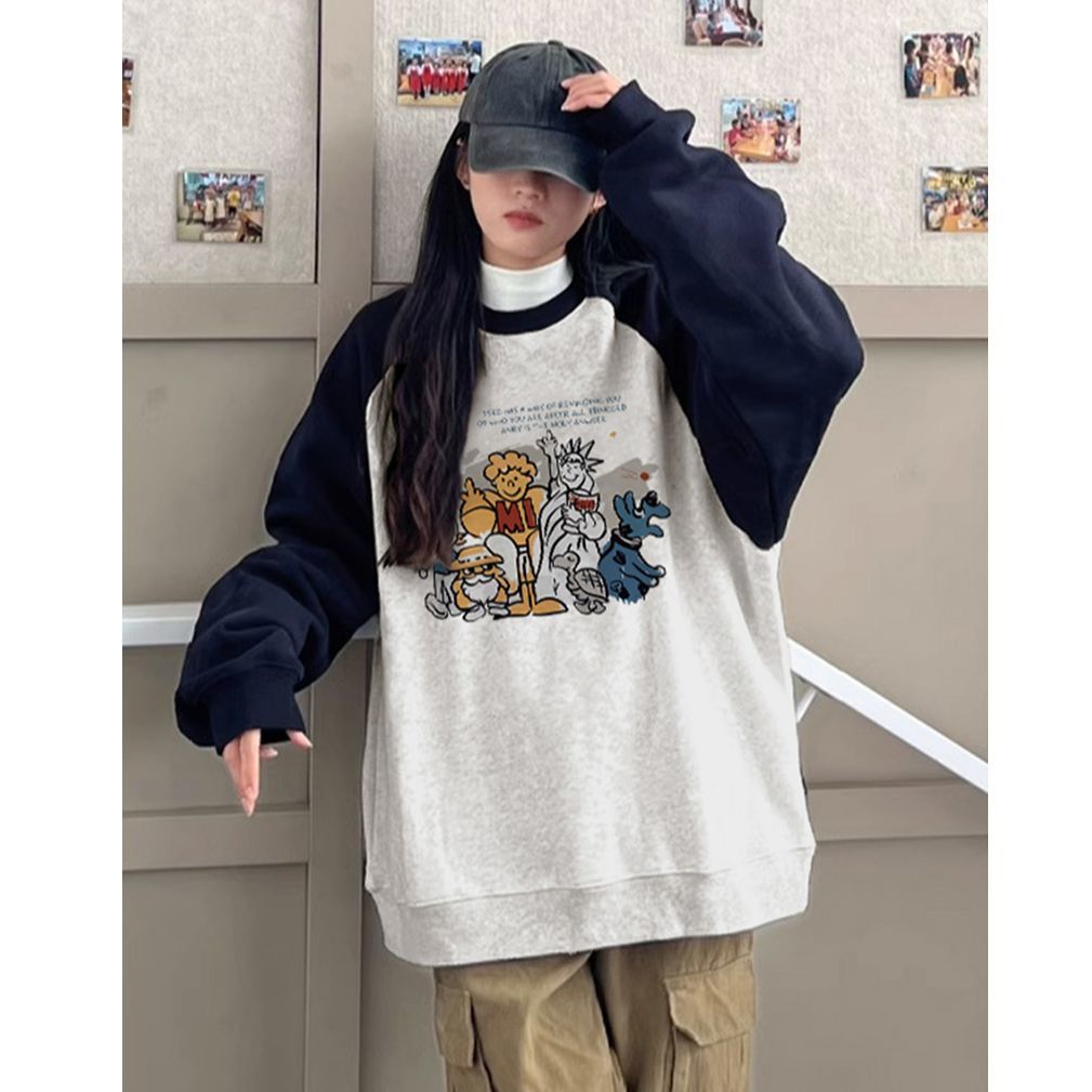 100%重磅純棉美式慵懶chic插肩袖衛衣女2023春秋薄款寬鬆韓版上衣