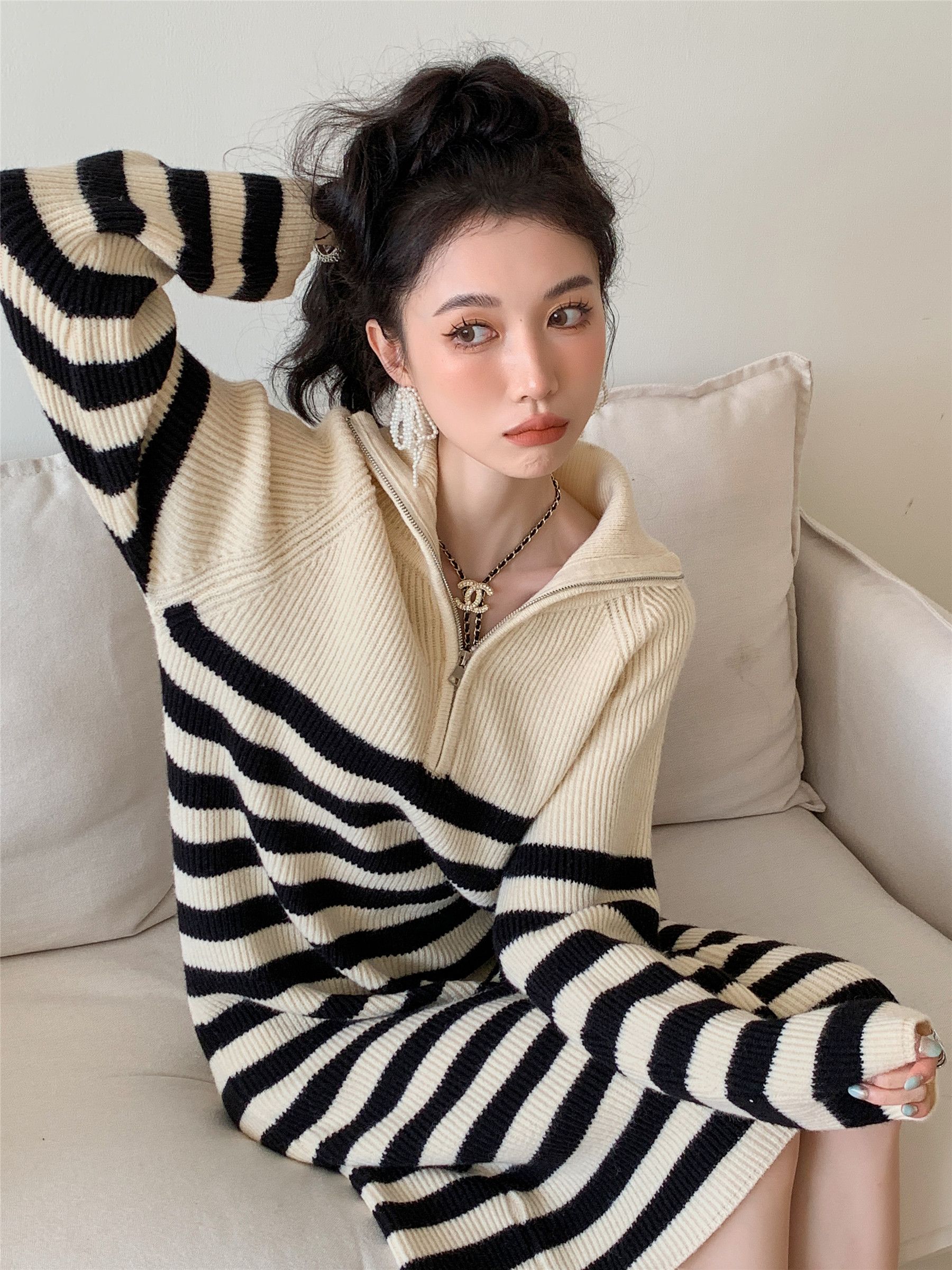 條紋毛衣連衣裙女春秋韓版寬鬆顯瘦中長款衛衣裙氣質針織打底裙子