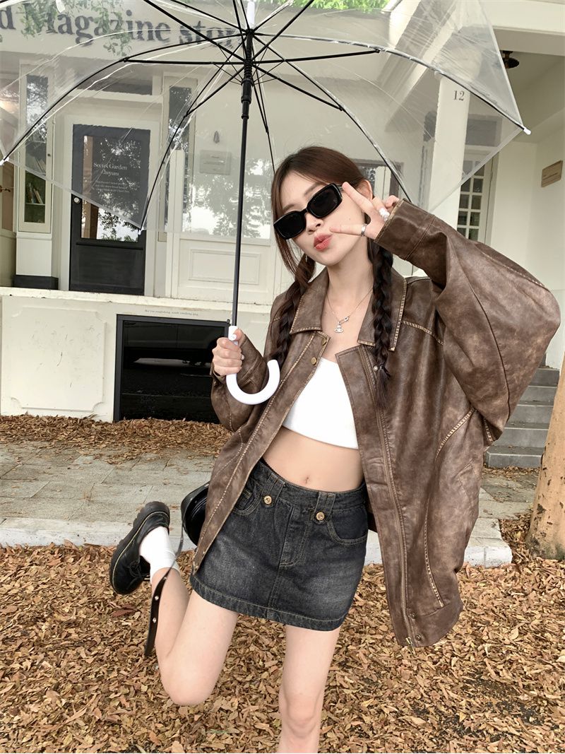Retro old-fashioned lapel long-sleeved loose leather jacket women's autumn new Korean version design sense niche all-match thin top