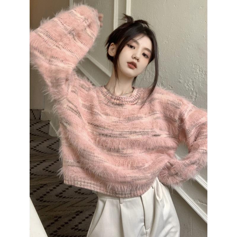 甜辣新款粉色條紋毛衣女秋冬外穿慵懶風寬鬆顯瘦套頭針織衫上衣