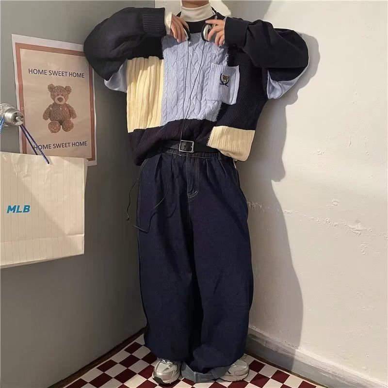 日系復古情侶毛衣春季拼色小熊學院風圓領寬鬆慵懶風針織衫上衣女
