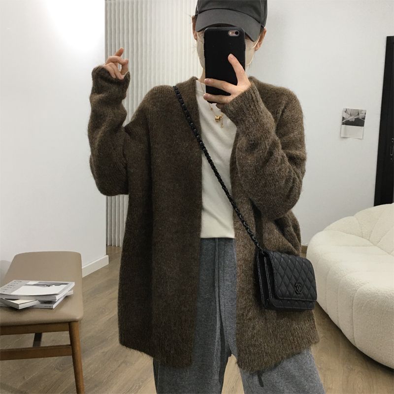 新款韓國洋氣復古慵懶風寬鬆針織衫開衫女無扣毛衣外套春秋上衣