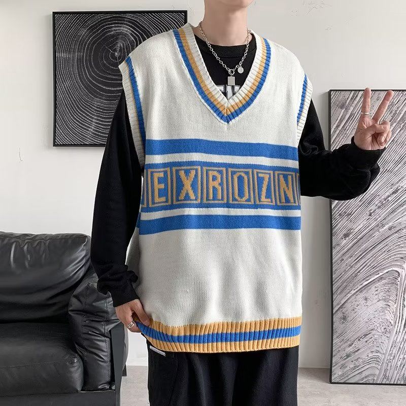 Lazy style vest sweater men's sleeveless loose Japanese style retro embroidery contrasting color splicing vest autumn sweater trendy