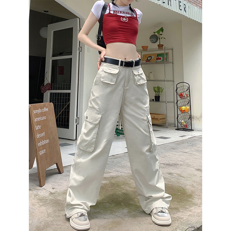 美式高街闊腿工裝牛仔褲女秋季高腰顯瘦甜酷辣妹多口袋直筒褲子潮