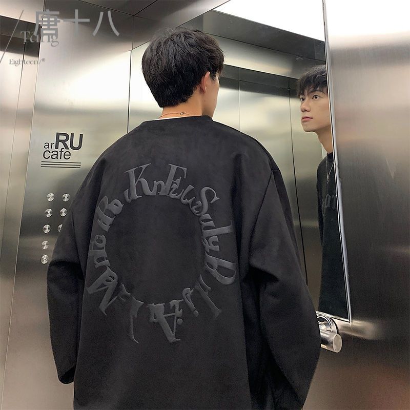 鹿皮絨oversize衛衣男無帽上衣春秋季美式復古重磅高街潮牌套頭衫