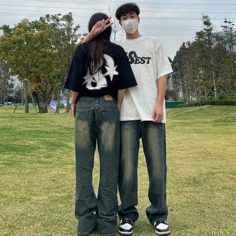 Remember to add spicy American retro distressed straight jeans for women high street casual loose wide leg pants long pants for men