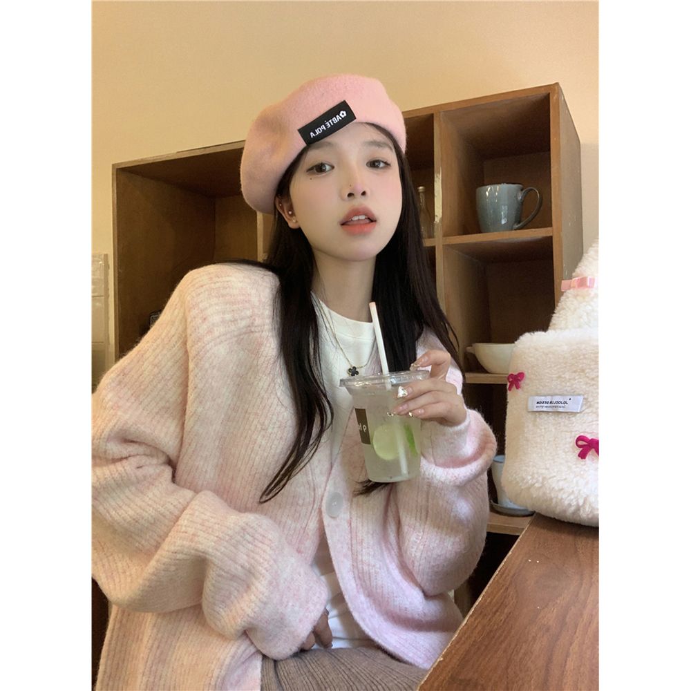 溫柔慵懶風粉色針織開衫外套女秋冬季小個子奶呼呼軟軟糯糯毛衣