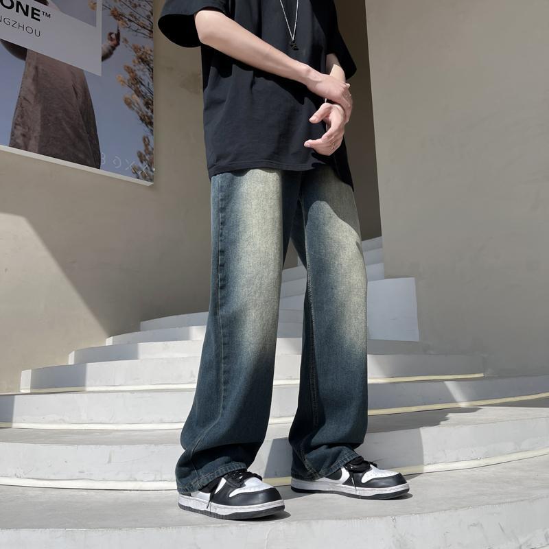 American retro jeans men's summer loose wide-leg floor-length pants ins trendy high street straight-leg pants