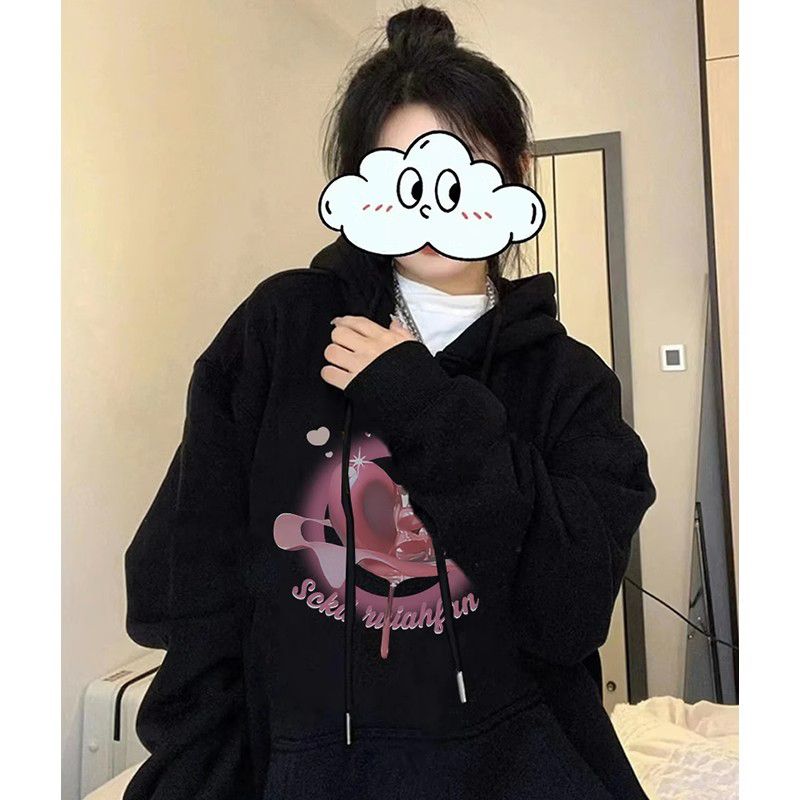100%重磅純棉粉色愛心連帽衛衣女寬鬆百搭2023春秋薄款ins潮外套