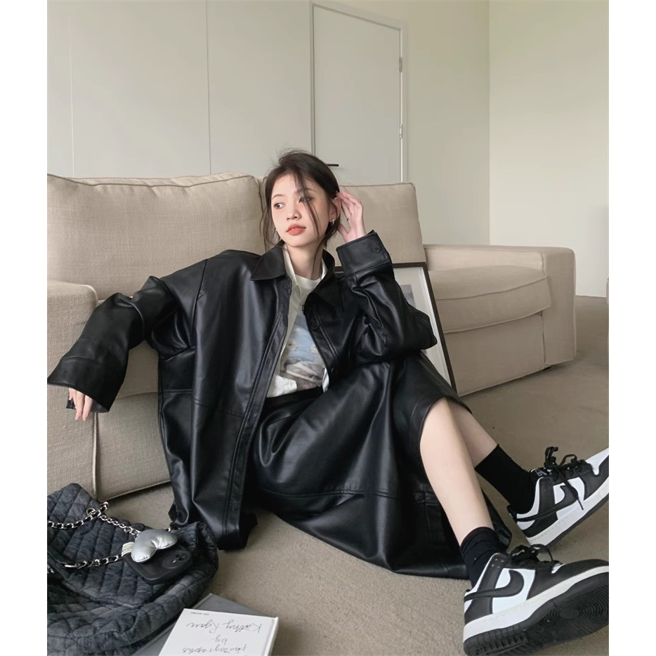 2023秋季時尚套裝PU皮衣夾克外套女早秋高腰顯瘦直筒半身裙兩件套