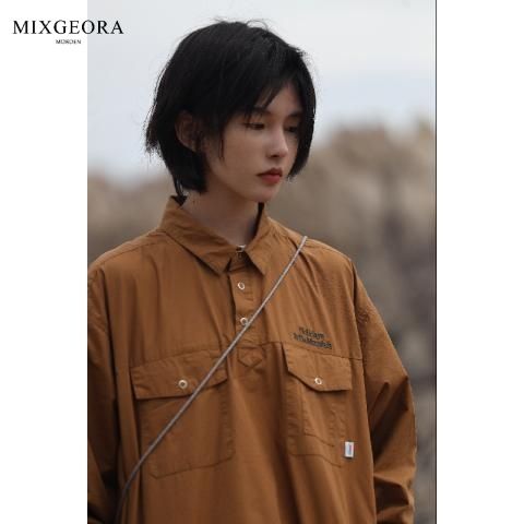 MIX GEORA Japanese retro simple letter embroidery long-sleeved shirt men's and women's lapel versatile loose shirt ins