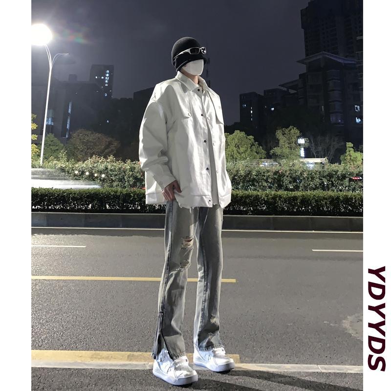 American retro pants design, high-end vintage zipper slits, ripped jeans, high street men's straight pants