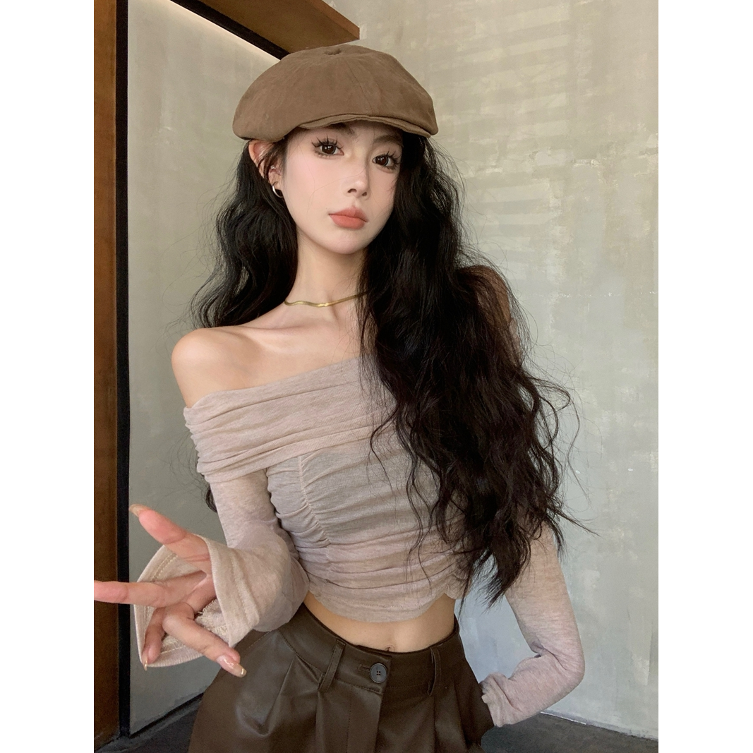 辣妹性感一字肩長袖T恤女秋季修身緊身褶皺短款別致透視打底上衣