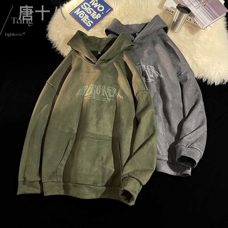 唐十八美式印花麂皮絨連帽衛衣男女字母塗鴉街頭風復古上衣情侶款